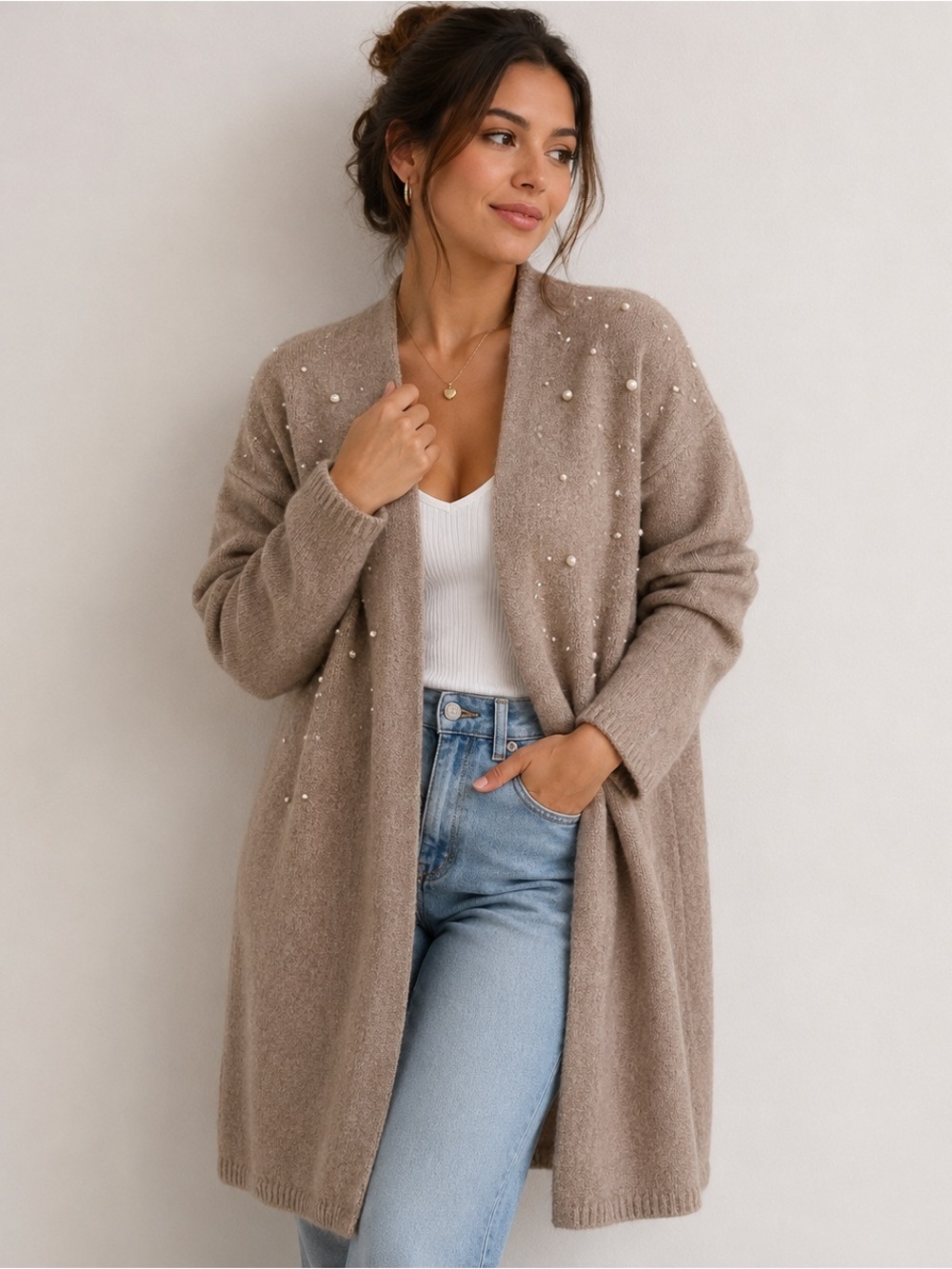 Chico's Taupe Pearl-Accent Open Front Cardigan